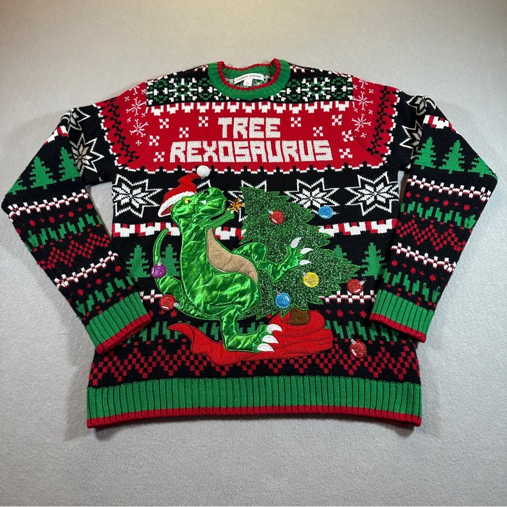 Men’s Ugly Christmas Sweater Size Small Tree Rex Dinosaur T-Rex Holiday Party